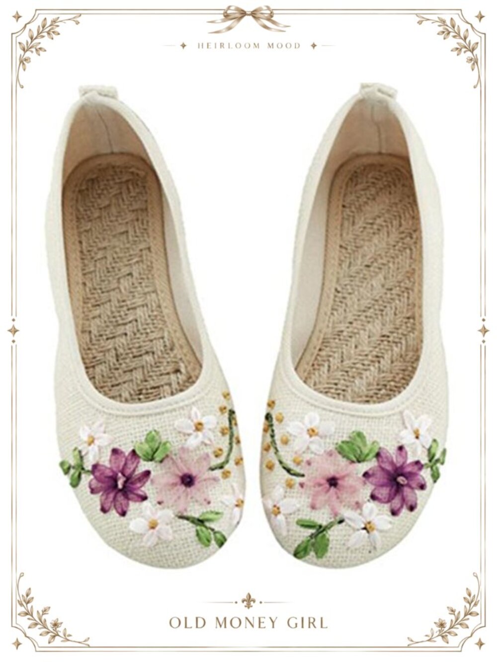 Embroidered Floral Ballet Flats Slip On Breathable Linen Sole